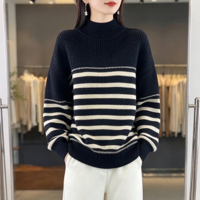 ドゥー ベル Doux Belle ボーダー柄ハイネック長袖ニットプルオーバー レディース トップス （ブラック）｜詳細画像