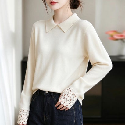 ドゥー ベル Doux Belle 襟付き袖口花柄レースカフス長袖ニットプルオーバー レディース トップス （ベージュ）｜詳細画像