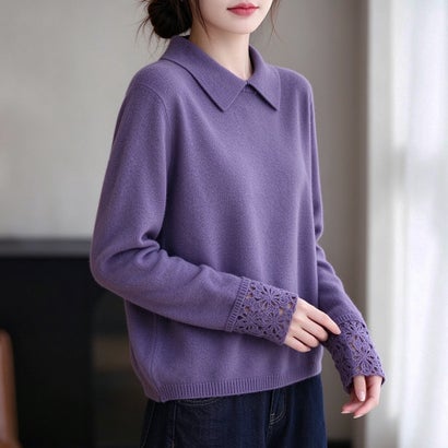 ドゥー ベル Doux Belle 襟付き袖口花柄レースカフス長袖ニットプルオーバー レディース トップス （ブルーパープル）｜詳細画像