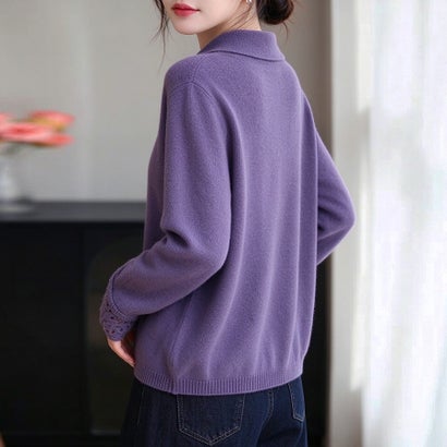 ドゥー ベル Doux Belle 襟付き袖口花柄レースカフス長袖ニットプルオーバー レディース トップス （ブルーパープル）｜詳細画像