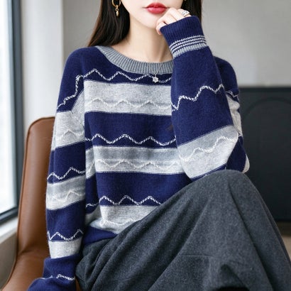 ドゥー ベル Doux Belle ウェーブ刺繍ライン配色ボーダー長袖クルーネックニット レディース トップス （ネイビー）｜詳細画像