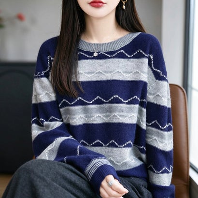 ドゥー ベル Doux Belle ウェーブ刺繍ライン配色ボーダー長袖クルーネックニット レディース トップス （ネイビー）｜詳細画像