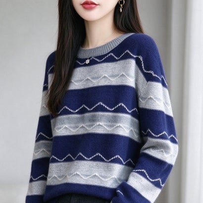 ドゥー ベル Doux Belle ウェーブ刺繍ライン配色ボーダー長袖クルーネックニット レディース トップス （ネイビー）｜詳細画像