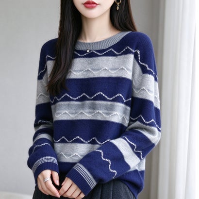 ドゥー ベル Doux Belle ウェーブ刺繍ライン配色ボーダー長袖クルーネックニット レディース トップス （ネイビー）｜詳細画像
