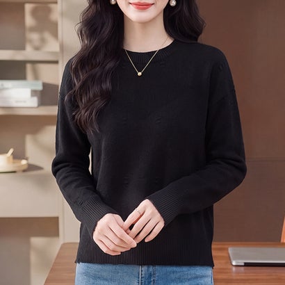 ドゥー ベル Doux Belle ダイヤ編み長袖クルーネックニットプルオーバー レディース トップス （ブラック）｜詳細画像
