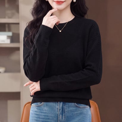 ドゥー ベル Doux Belle ダイヤ編み長袖クルーネックニットプルオーバー レディース トップス （ブラック）｜詳細画像