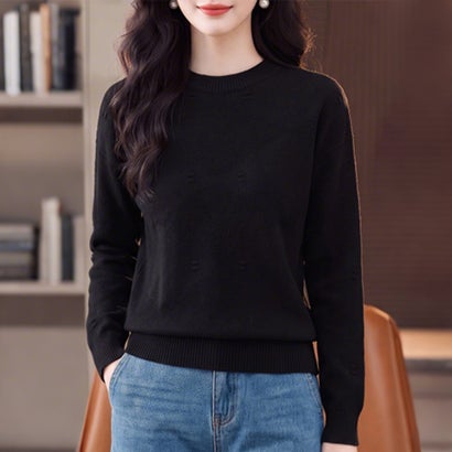 ドゥー ベル Doux Belle ダイヤ編み長袖クルーネックニットプルオーバー レディース トップス （ブラック）｜詳細画像