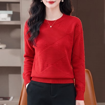 ドゥー ベル Doux Belle ダイヤ編み長袖クルーネックニットプルオーバー レディース トップス （レッド）｜詳細画像
