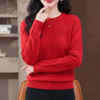 ドゥー ベル Doux Belle ダイヤ編み長袖クルーネックニットプルオーバー レディース トップス （レッド）｜詳細画像