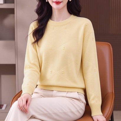 ドゥー ベル Doux Belle ダイヤ編み長袖クルーネックニットプルオーバー レディース トップス （イエロー）｜詳細画像