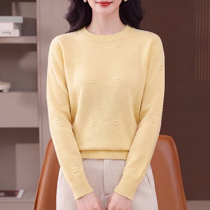 ドゥー ベル Doux Belle ダイヤ編み長袖クルーネックニットプルオーバー レディース トップス （イエロー）｜詳細画像