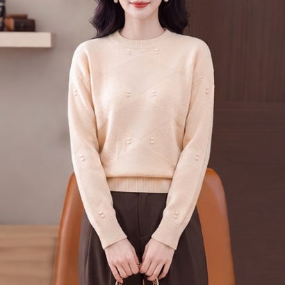 ドゥー ベル Doux Belle ダイヤ編み長袖クルーネックニットプルオーバー レディース トップス （ベージュ）｜詳細画像