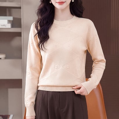 ドゥー ベル Doux Belle ダイヤ編み長袖クルーネックニットプルオーバー レディース トップス （ベージュ）｜詳細画像