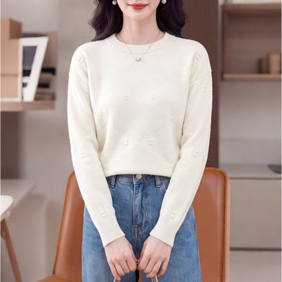 ドゥー ベル Doux Belle ダイヤ編み長袖クルーネックニットプルオーバー レディース トップス （オフホワイト）｜詳細画像