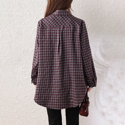 ドゥー ベル Doux Belle チェック柄襟付きポケット付き長袖ロングシャツ レディース トップス （ワインレッド）｜詳細画像