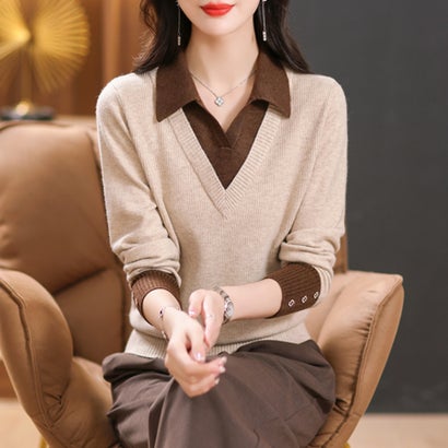 ドゥー ベル Doux Belle 配色ポロ襟付き袖リブボタン長袖ドッキングニットプルオーバー レディース トップス （ベージュ）｜詳細画像