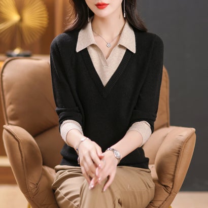 ドゥー ベル Doux Belle 配色ポロ襟付き袖リブボタン長袖ドッキングニットプルオーバー レディース トップス （ブラック）｜詳細画像