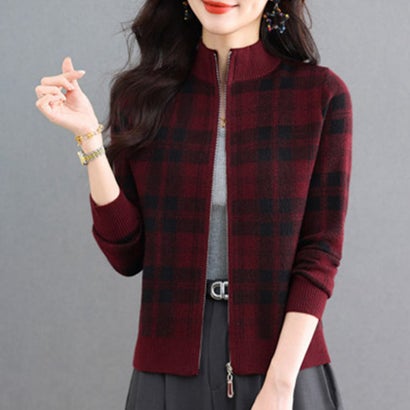 ドゥー ベル Doux Belle チェック柄ジップアップニットカーディガン レディース トップス （ワインレッド）｜詳細画像
