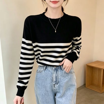 ドゥー ベル Doux Belle パネルボーダークルーネックニットプルオーバー レディース トップス （ブラック）｜詳細画像