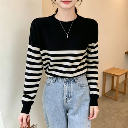 ドゥー ベル Doux Belle パネルボーダークルーネックニットプルオーバー レディース トップス （ブラック）｜詳細画像