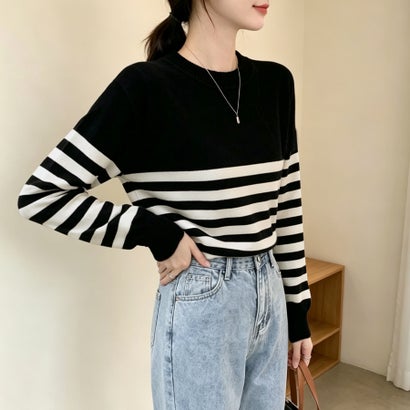 ドゥー ベル Doux Belle パネルボーダークルーネックニットプルオーバー レディース トップス （ブラック）｜詳細画像