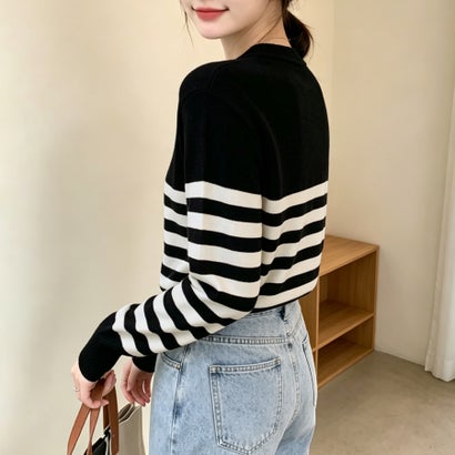 ドゥー ベル Doux Belle パネルボーダークルーネックニットプルオーバー レディース トップス （ブラック）｜詳細画像