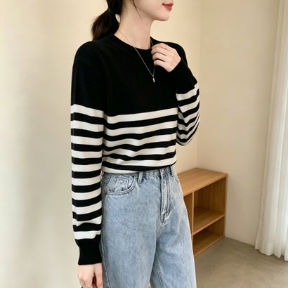 ドゥー ベル Doux Belle パネルボーダークルーネックニットプルオーバー レディース トップス （ブラック）｜詳細画像