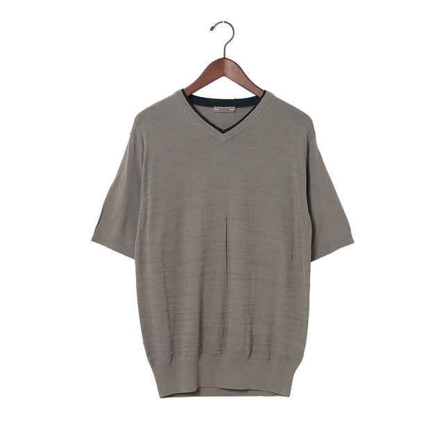 ドライタッチランダムボーダーVネックTシャツ （グレー）