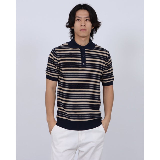ドライコットンニットPOLOボーダー （ベージュXネイビー）