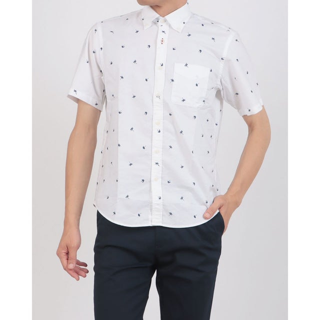 ・ナチュラルオックスシャツ半袖ボタンダウン （ホワイト・パターン）