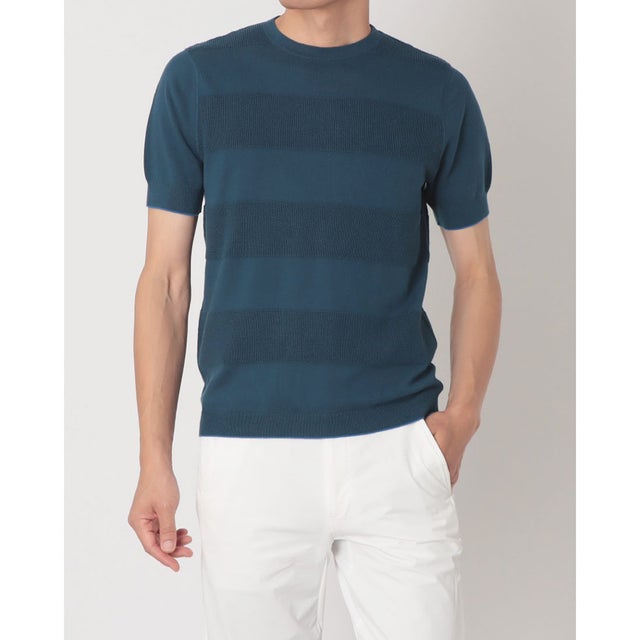 無地ボーダーニットTシャツ （ネイビー）