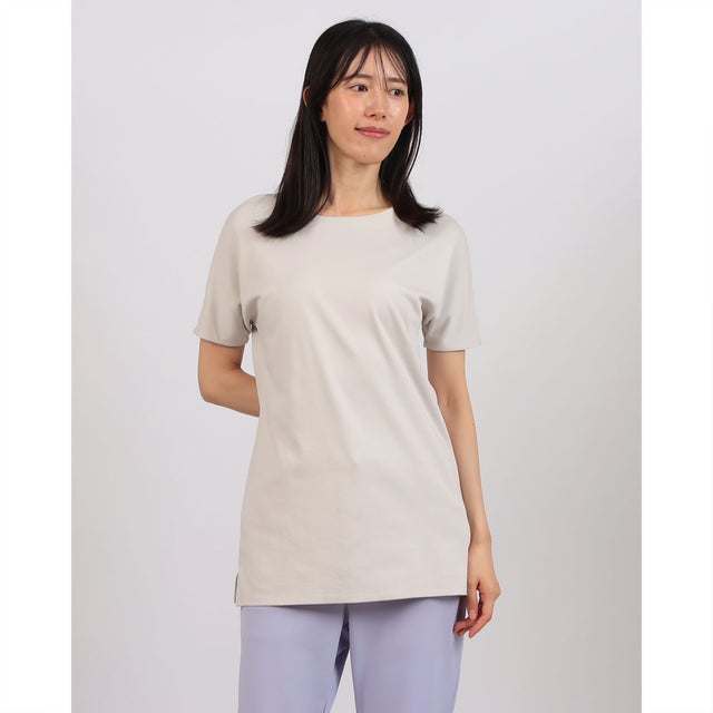 立体クルーネック長め丈／半袖・ドゥクラッセTシャツ （ライトグレー）