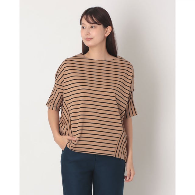 変則フォルム・ボーダーTシャツ （ブラウンパターン） （ブラウンパターン）