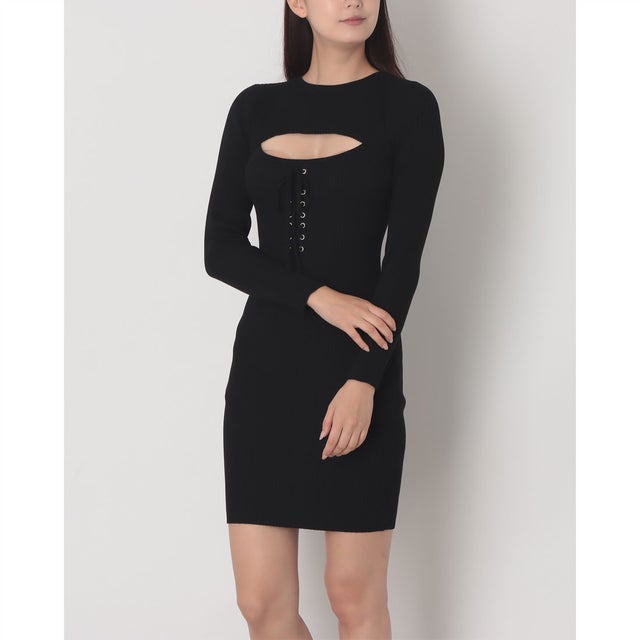 バストカットアウトレースアップリブニットワンピース （BLACK）
