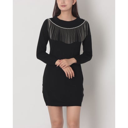 フリンジボールチェーンポイントオフショルニットワンピース （BLACK）｜詳細画像