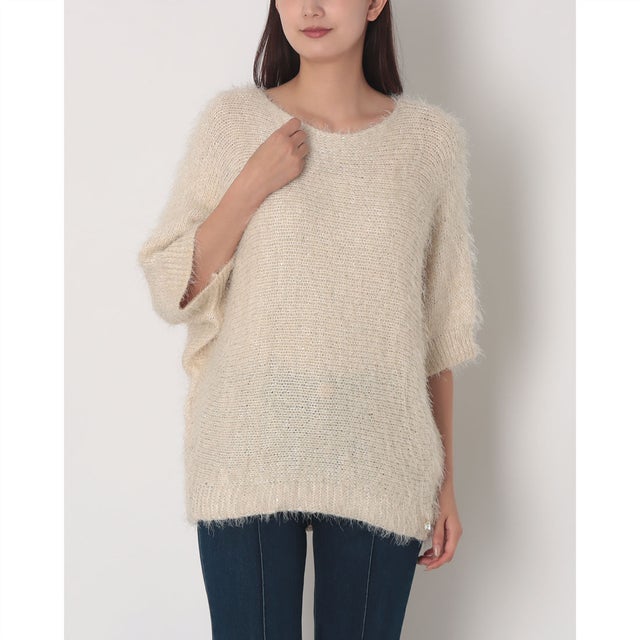 ファーリーヤーンスパンコール5分袖ニット （BEIGE）