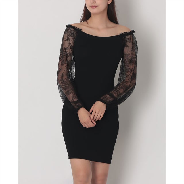 レーススリーブポイントリブニットワンピース （BLACK）