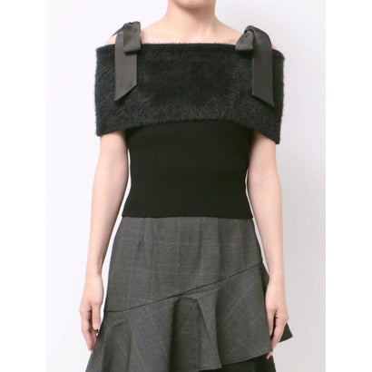 ショルダーリボンファーオフショルニット （ブラウン）｜詳細画像