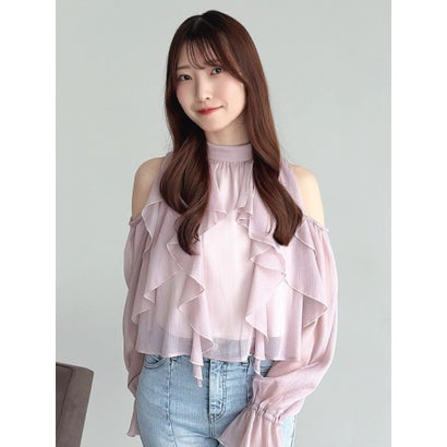オープンショルダーバルーントップス （ピンク）｜詳細画像