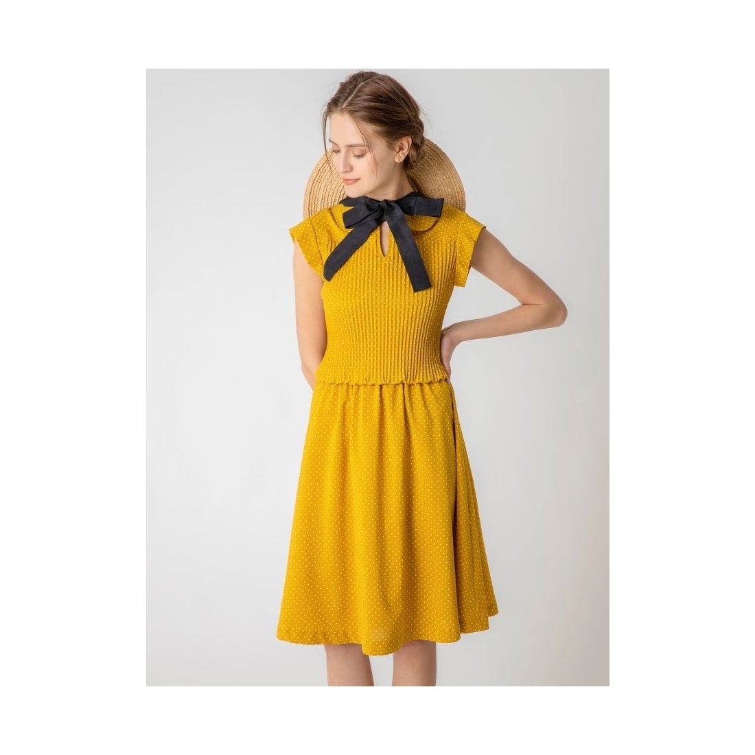 US 70s 黄×黒 ドット ワンピース ドレス