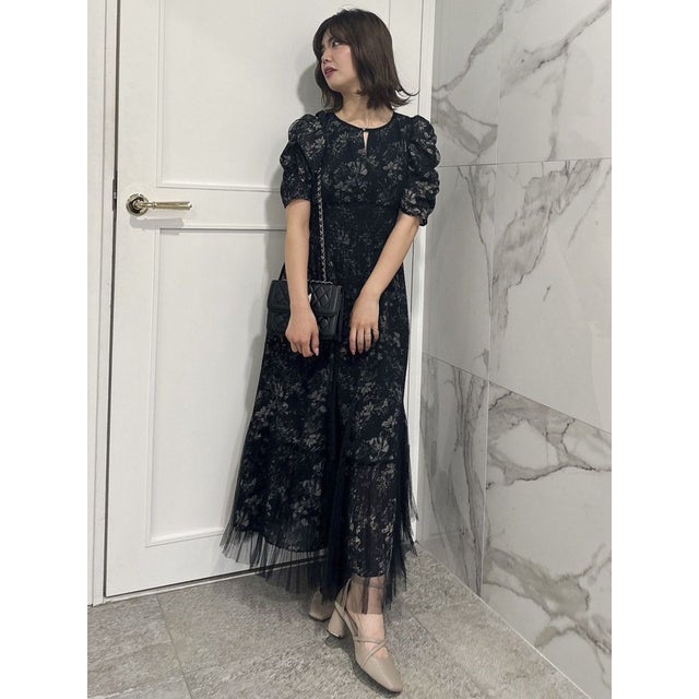 dazzlin チュールフラワープリーツドレス（ブラック） -ファッション