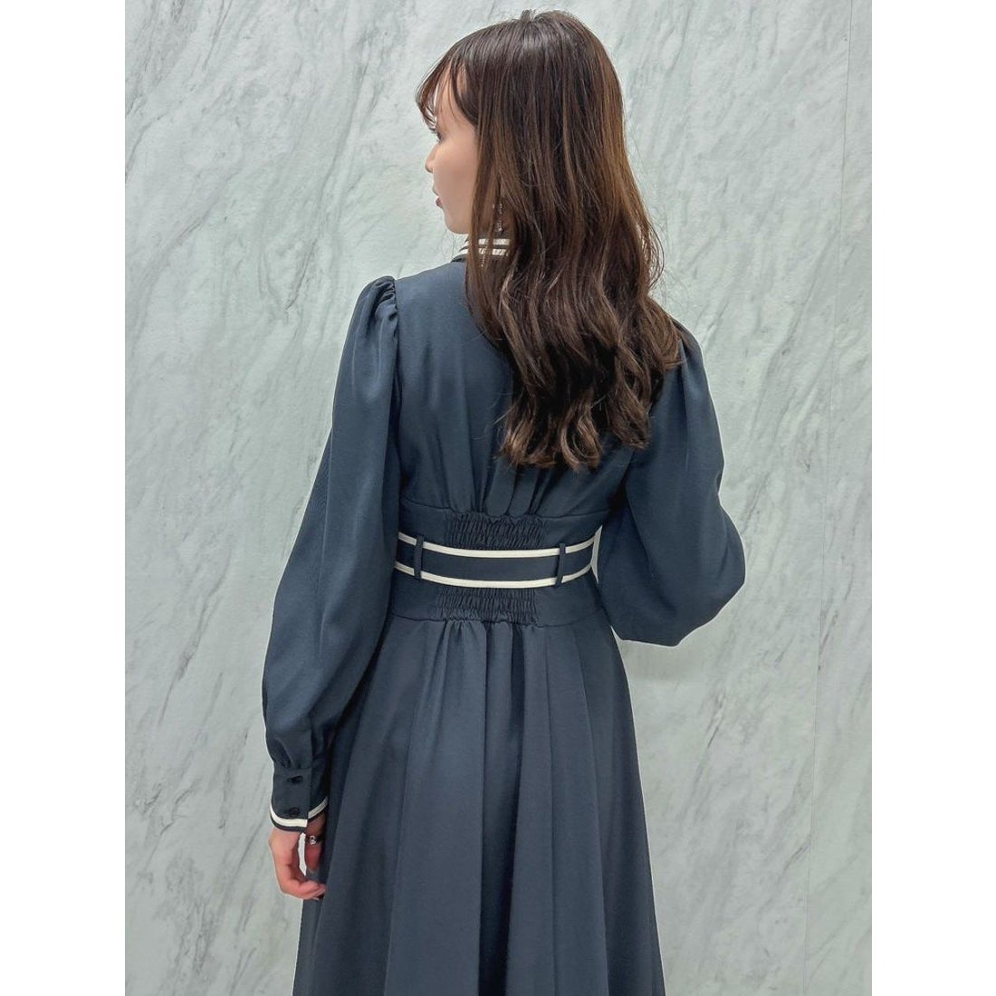 dazzlin バイカラーラインシャツワンピース（ネイビー） -ファッション 