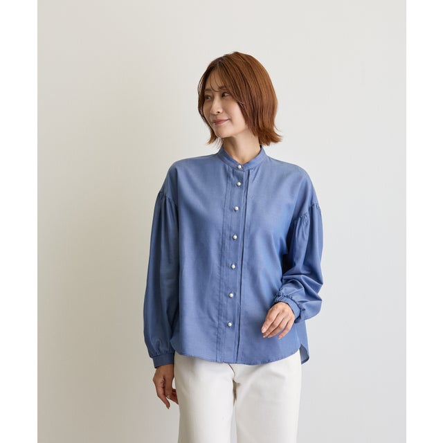 セルロース混DENIMバンドカラーシャツ （ブルー）