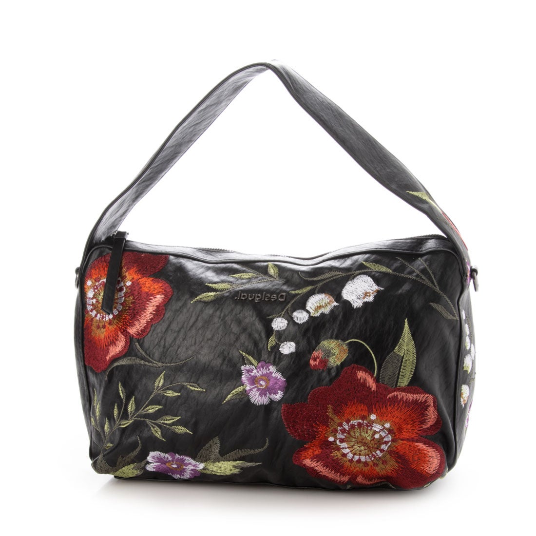 デシグアル Desigual 花柄刺繍入りレザー調ハンドバッグ （グレー 