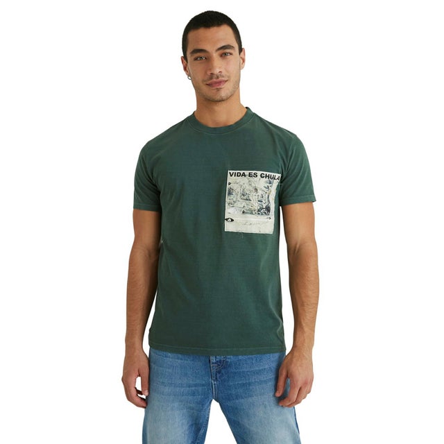 
                    カットオフデザインのパッチ付き100％コットン素材のメンズTシャツ （グリーン）