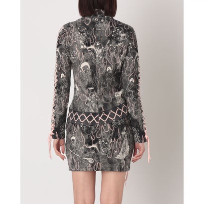 ゴシック柄ハイネックレースアップミニドレス （ブラック）｜詳細画像