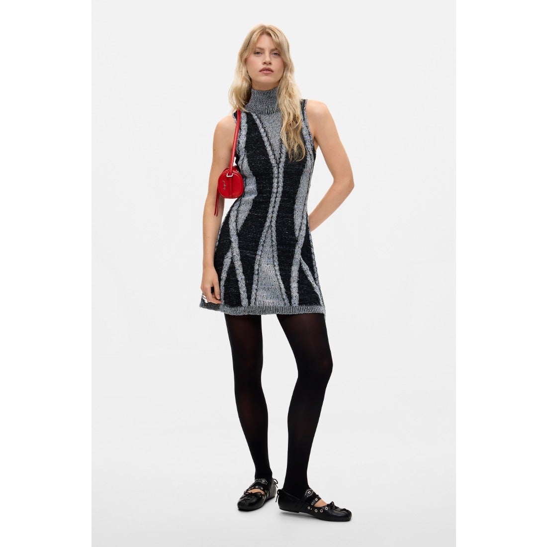 Desigual ワンピースノースリーブ　M グレー／ブラック デシグアル Desigual ノースリーブのタートルネックワンピース