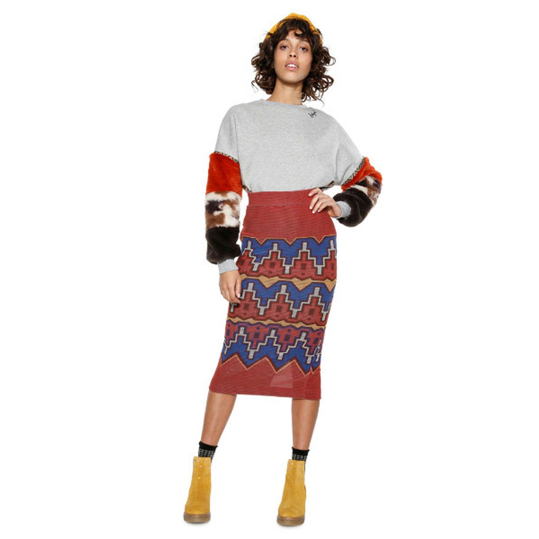 デシグアル Desigual エスニックプリントタイトロングスカート （オレンジ） -waja bazar - 海外ファッションブランド通販