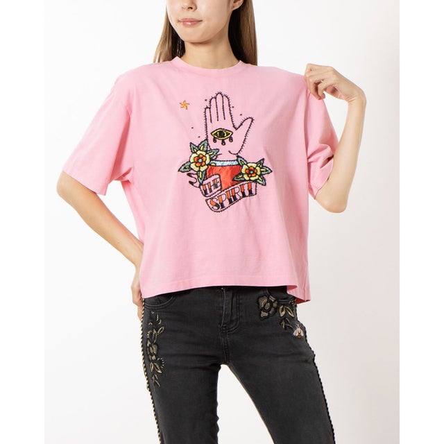 
                    落ち感のあるリネンとビスコース素材のレディースTシャツ （ピンク/レッド）