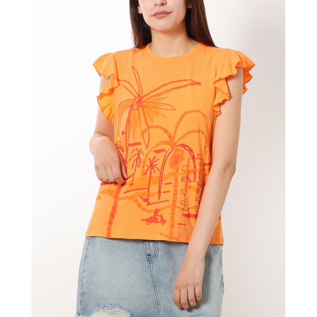デシグアル Desigual イラスト&フリル Tシャツ （オレンジ